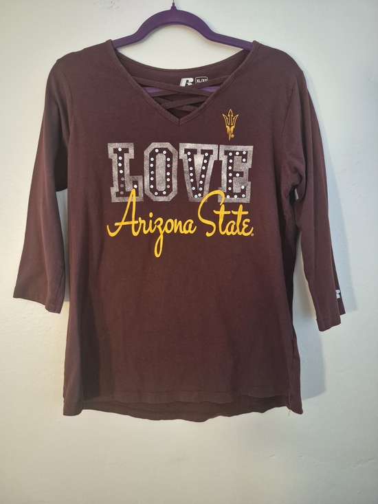 Russell Athletic Tops - ASU XL Maroon Top Shirt Back Criss Cross Sparkle & Print